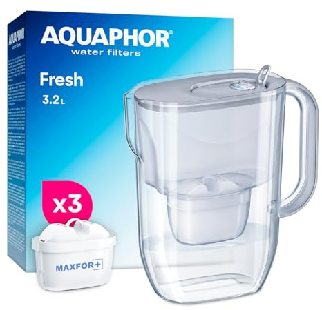 AQUAPHOR Fresh Water Filter Jug (Grey) 3.2L Fridge fitting design with easy fill lid - BPA free - Inc 3 x Maxfor+ high performance cartridge reducing microplastics and PFAS for better tasting water