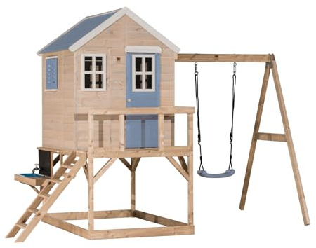 Wendi Toys M23PB-K Cabane sur pilotis avec Toboggan, Cuisine extérieure & balançoire, Maison de Jeu en Bois FSC pour Enfants, 192×350×242 cm, avec échelle & Robinet d’Eau, Bleu