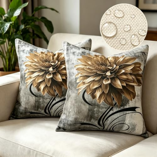 OYIMUA Weich Chenille Blumen Kissenbezug 40x40 Grau 2er Set | Modern Sofakissen Dekokissen,Quadratisch Couchkissen Kuschelkissen,Deko Wohnzimmer Schlafzimmer,Beidseitig Bedruckt