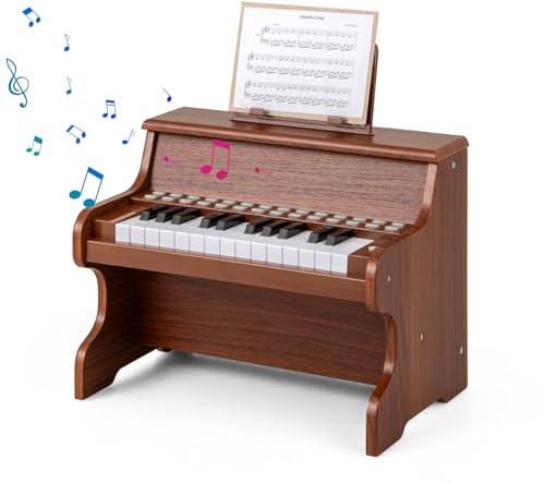 KOMFOTTEU Pianoforte digitale a 25 tasti per bambini, pianoforte in legno con leggio, tasti illuminati, modalità didattica, 6 strumenti, 8 percussioni, tastiera per pianoforte con registrazione e