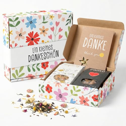 Dankeschön Geschenkbox mit Tee Schokolade & Gewürzsalz | Kleine Aufmerksamkeit mit Tee, Schokolade und Gewürzsalz - Danke Geschenk für Frauen, Männer, Freundin und Kollegin