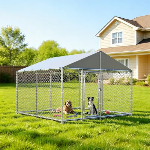 IronovaPets 7.8'x7.8' Outdoor Dog Kennel, Heavy-Duty Dog Enclosure with Wire Mesh Fence, Lock & Waterproof Cover for Large Dogs