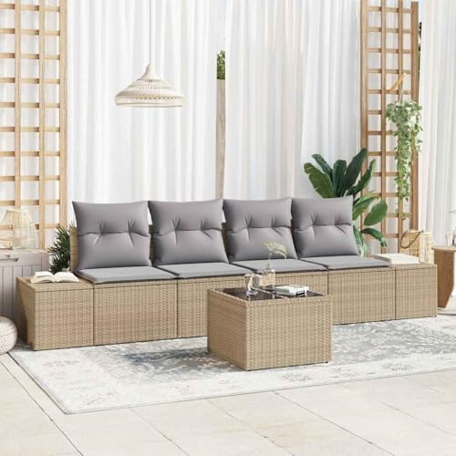 Ordellia Garten Loungeset 5-teilig, Beige und Hellgrau, Polyrattan, UV-beständig, modular, mit Kissen, Outdoor Möbel