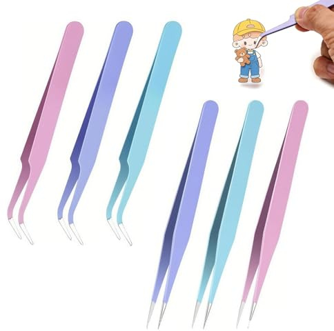 FMPXYYA Pinze dritte e Gomiti per Album di Ritagli 6 Pezzi Acciaio Inossidabile Set pinzette precisione per Adesivi Nail Art Ciglia Fai da Te Elettronica Strumenti manuali Professionali
