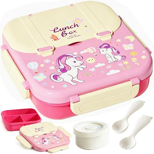 MIFKLMV Lunch Box, Leak-Proof Bento Lunch Box Kids Food Container with 3 Compartments and Cutlery Sauce Vontainers, Snack Box Suitable for Adults and Kids, Unicorn