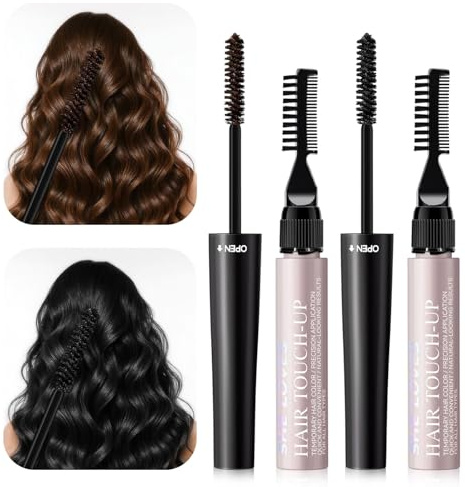 2 Stück Haarmascara mit Haarfärbekamm, Haar Mascara, Haarfärbestift zum Haaransatz kaschieren & Ansatz kaschieren, zur schnellen Abdeckung grauer Haare für Damen und Herren（Dunkelbraun + Schwarz）