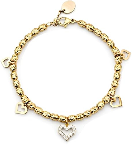 SAGA GIOIELLI® Bracciale donna con granelli martellati e charm cuori con cristalli - donna in Acciaio inox – Lunghezza 17,5+3 cm Confezione Regalo - Regalo per fidanzata - Anniversario