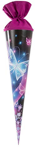 goldbuch 97 062 Schultüte Schmetterlinge, Geschenktüte mit Schmetterlingsmotiv, Lackkarton, Geschenkverpackung, violetter Filzverschluss (ohne Verschlussband), Zuckertüte rund, Länge 70 cm, Ø 19 cm