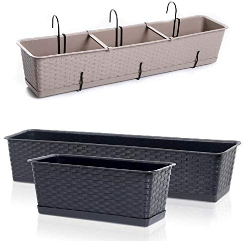 Blumenkasten Balkonkasten Blumentopf Rattan Optik Case P mit Aufhängung Untersetzer Geländerkasten 4 Größen (700 Anthrazit)