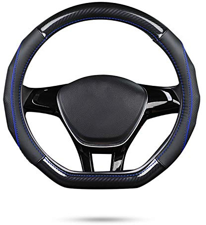 Ergocar Auto Lenkradbezug Rutschfester Auto Lenkradschutz D-Form Kohlefaser & Erste Schicht Rindsleder für Durchmesser 38cm (15 ) (D-Schwarz-Blau)