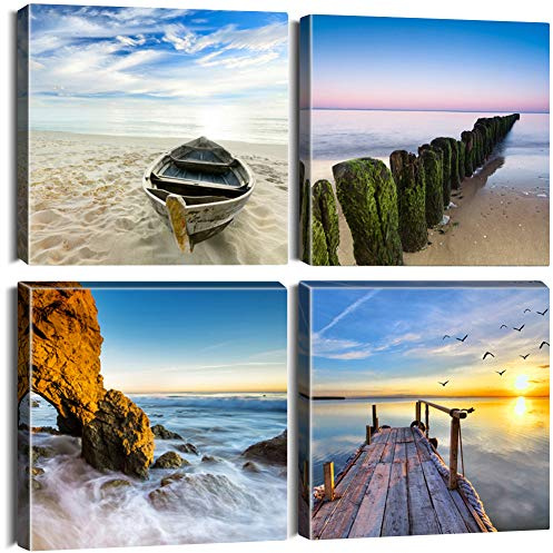 Artscope 4 Teilig Leinwandbilder mit Strand Motiv Kunstdruck - Moderne Wandbild für Badezimmer Wohnzimmer Wanddekoration - 30 x 30 cm