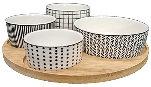 meindekoartikel Modernes Servierset mit 4 Schalen und Tablett - Snack Dip Antipasti Tapas – stilvolles Set für Party, Buffet, Küche, Wohnzimmer – Servierschalen aus Keramik mit Holztablett