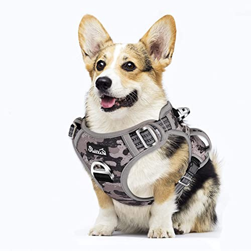 Eyein Hundegeschirr für Hunde mit 2 Clips und leicht zu bedienendem Griff | Anti Zug Brustgeschirr für mittelgroße Hunde, Verstellbare & reflektierende Geschirr für tägliches Training (Tarngrau, M)