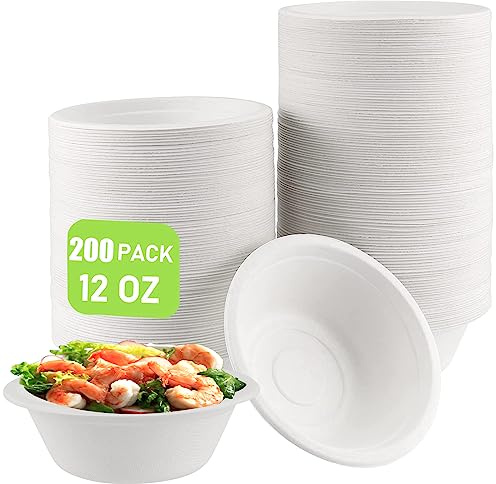 ZOENHOU Paquete de 200 cuencos de papel de 350 ml, 12 onzas, redondos blancos, extrafuerte, bagazo de caña de azúcar, para fiestas de barbacoa, picnic, Navidad, Halloween
