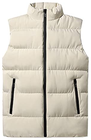 Chaleco para hombre casual al aire libre acolchado cálido invierno chaqueta sin mangas clásica chaqueta deportiva para hombre chaqueta de plumas (Blanco crema,XL)
