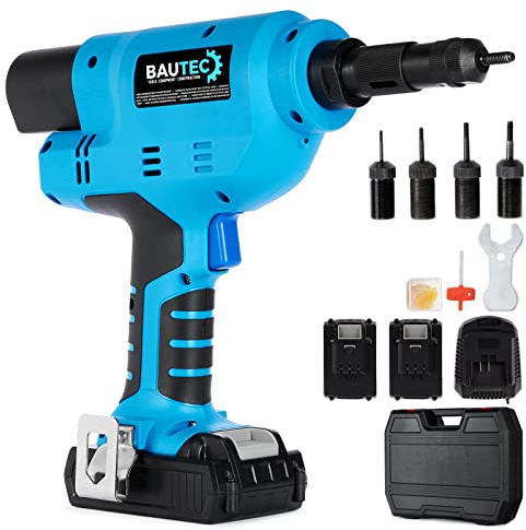 BAUTEC Akku-Blindnietmuttern-Setzgerät » Profi-Serie mit 20.000 N Setzkraft » Set mit 2 Li-Ion Akkus, 4 Mundstücke mit Gewindedorn (M3 / M4 / M5 / M6) und Zubehör im Koffer