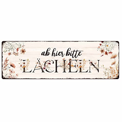 Interluxe Schild Metallschild - Ab Hier Bitte lächeln - Willkommensschild Gäste Besuch Herbstdeko Türschild Willkommensschild