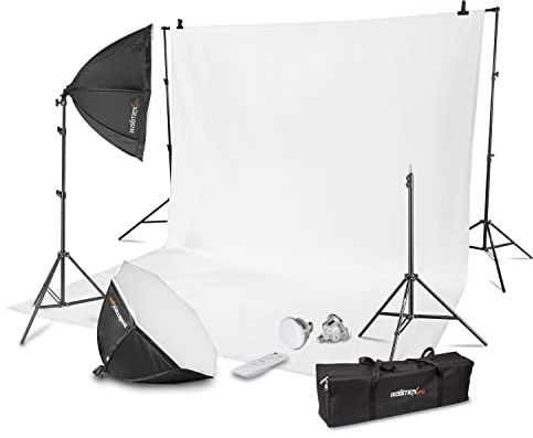 Walimex Pro Juego de Estudio fotográfico prémium con 2 trípodes de lámpara con 2 LED de 45 W, Octagon de 65 cm de diámetro, Color Bicolor, Sistema de Fondo telescópico Completo, 120 – 307 cm, con