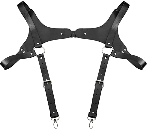 Freebily Herren Wetlook Brust Harness Hosenträger mit Schnalle PU Leder Body Geschirr Brustgeschirr Einstellbar Body Gürtel Gothic Kostüm Clubwear Nachtclub Schwarz C One Size
