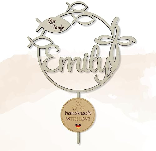 Birdart Box® Taufe Tortenstecker mit Namen – personalisierter Tortenstecker aus umweltfreundlichem Holz, stabiler Cake Topper 15cm Durchmesser (Holz Natur)