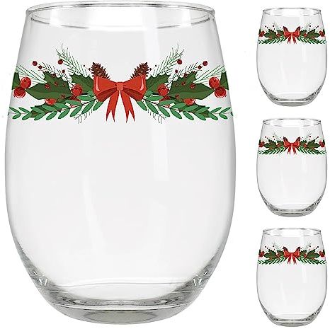 BANBERRY DESIGNS Set di 4 bicchieri da vino natalizi senza stelo con agrifoglio, bacche e fiocchi rossi, 400 ml