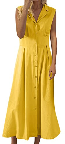 Damklänning i bomull och linne, ärmlös, med knappar, fritid, boho-stil, S