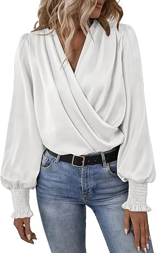 Womens Satin Silk Blouses Elegant Casual Long Sleeve Sexy Deep V Neck Evening Party Wrap Tops Flattering Blouses Boho Shirts for Women 2024 White
