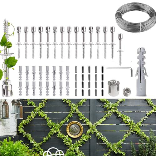 TOOSOAR Rankhilfe aus Edelstahl für Kletterpflanzen,Drahtseile System Kit für Pflanzen(16 Halter, 24m Seil)