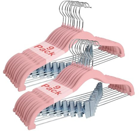 Wellong 18 Packs Trouser Hangers, 42cm Velvet Skirt Hangers with Clips, Heavy-Duty Clothes Hangers, Non-Slip Coat Hangers for Shirts, Pants, Skirts, Dresses, Jackets, Coat - Pink