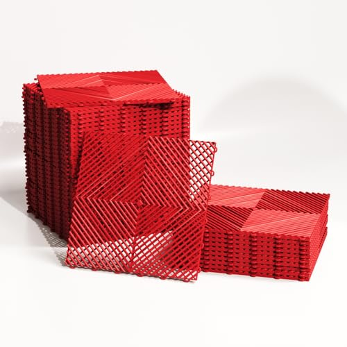 MISTER TILE Lot de 25 Dalles Garage PVC Clipsable 40x40x1,8 cm Rouge (4 m²) Dalle Clipsable Ajourée Résistante Antidérapante et Drainante Revêtements de Sol Extérieur Intérieur Terrasse Spa Jardin