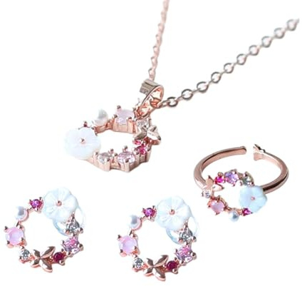 Mädelswelt | Conjunto de joyas de oro rosa con flor de cerezo y mariposa Elegante para niñas brillante - Chapado en oro rosa