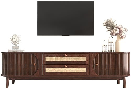 Azkoeesy Walnuss TV-Schrank 170 cm mit Lamellenschiebetüren und 2 Rattan Schubladen, Landhausstil TV-Board Fernsehschrank für Wohnzimmer, Braun