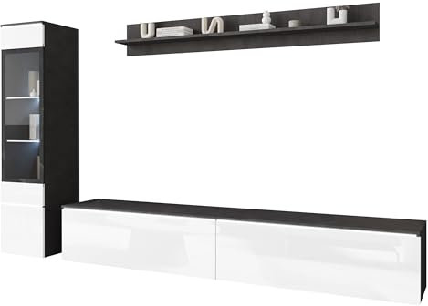 Mirjan24 Wohnwand Doppo I, Schrankwand, griffloses Öffnen, Fernsehschrank, Anbauwand, Mediawand, Wandregal, TV-Lowboard, Hängevitrine (Matera/Weiß Hochglanz, mit weißer LED Beleuchtung)