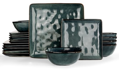 Richmount Ocean Square Plates and Bowls Set, 18-Piece Reactive Glaze Stoneware Dinner Set for 6 People, Dishwasher & Microwave Safe, Stylish & Durable Dinnerware Sets, Service for 6, Moss Green