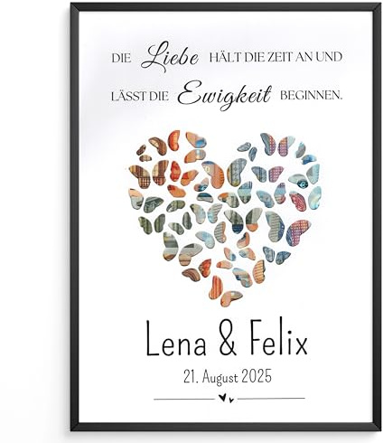 Personalisiertes Geldgeschenk zur Hochzeit | Geschenk für das Brautpaar | Kreative Möglichkeit zum Geldverschenken im DIN A4 Format | Mit hochwertigem A4 Bilderrahmen (Schmetterling Herz)