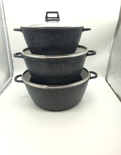 Non-Stick Cooking Pot Set, 3-Piece Stockpot Collection, 32/36/40 cm, Grey with Glass Lids(Suitable for All Hobs)