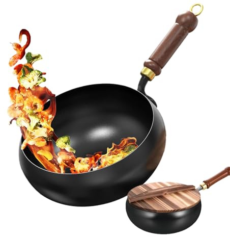 JIEBWCHA Pannor utan beläggning med trälock, 28 × 10,5 cm japansk järnpanna, mångsidighet och stabilitet, och reptålig, ergonomiskt handtag, för bräsering, stekning, bakning