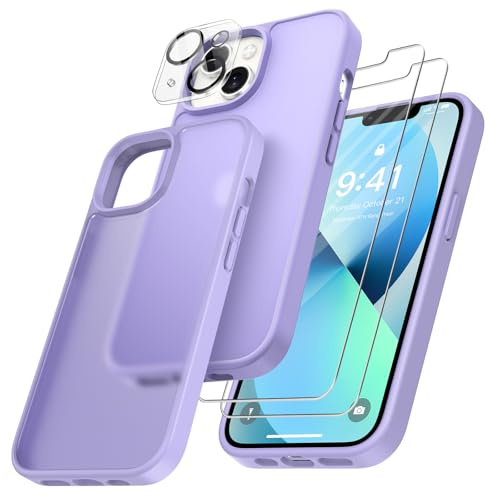 FLLAO 4 en 1 Carcasa para iPhone 13 Mini con 2 vidrio templado + 1 cámara protectora, [cojín de aire integrado] antiarañazos flexible TPU Bumper Protection funda para iPhone 13 Mini, color morado