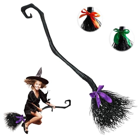 Ntwdby Escoba de Bruja de Halloween, Halloween Witch Broom con 3 Cinta, 130cm Escoba de Bruja de Cinta, Desmontable, Disfraz de Escoba de Bruja para Niños y Adultos, Vestido de Halloween Cosplay