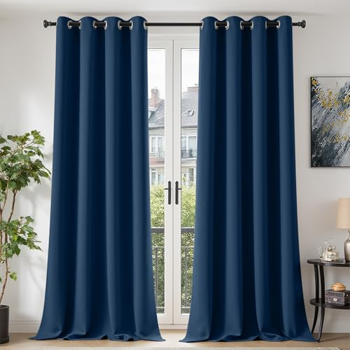 TOPICK Tende Oscuranti per Interni 2 Pannelli L140 x A260 cm Blu Scuro | Curtains Oscurante Tende per Soggiorno e Camera da Letto Termiche Isolanti Anti-Rumore con Anelli Moderne