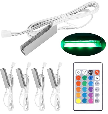 Vitrinenbeleuchtung 4er Set, LED Glasbodenbeleuchtung inkl. 12V Netzteil mit Schalter, Glasbodenbeleuchtung Vitrinenbeleuchtung Clip Glas, Buntes RGB Licht LED Glasboden Strip für Vitrine Regal Tisch