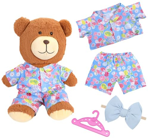Bärenjunges-Set,Puppenkleidung für 12-14 Zoll große Puppen und Teddybären, Blaues Pyjama-Set mit Blumenmuster (zweiteilig) + EIN rosa Kleiderbügel + EIN blaues Haarband mit Schleife