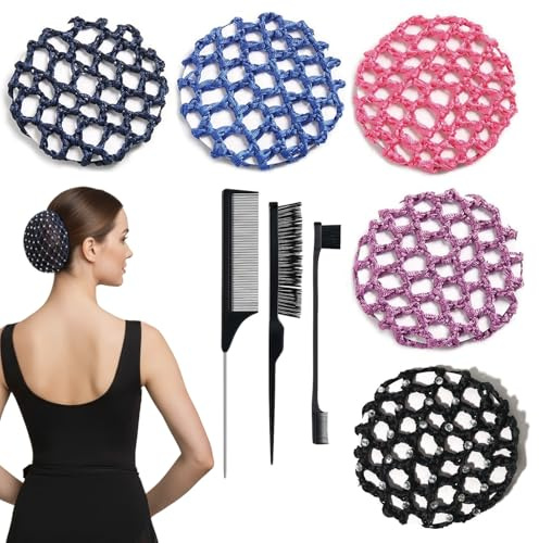 DqiUnaX 5 Stück Haarnetz Dutt Und 3 Haarbürsten Set, Duttnetz Für Ballett Kinder, Haarnetz Reiten Turnier, Bürsten Und Kämme Für Professionelle Frisuren, Ideal Für Tanz, Gymnastik Und Alltag