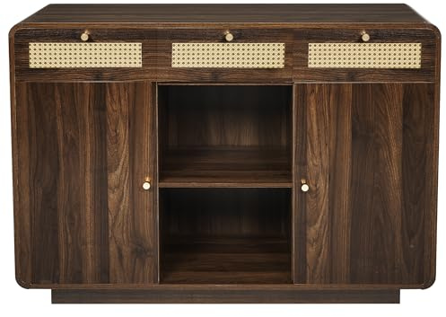 Commode - Buffet en noyer - 120 cm - Avec façades en rotin - Avec poignées dorées - 3 tiroirs, 2 armoires, étagères réglables en hauteur - Design rétro pour salon et couloir (style 1)