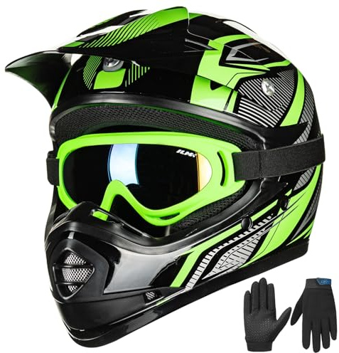 ILM Casco Moto Niño Motocross Dirt Bike para Jóven Unisex Homologado ECE22.06 Full Face Off Road ATV Enduro MTB Todoterreno con Gafas Guantes Modelo B07,Verde Negro,XL