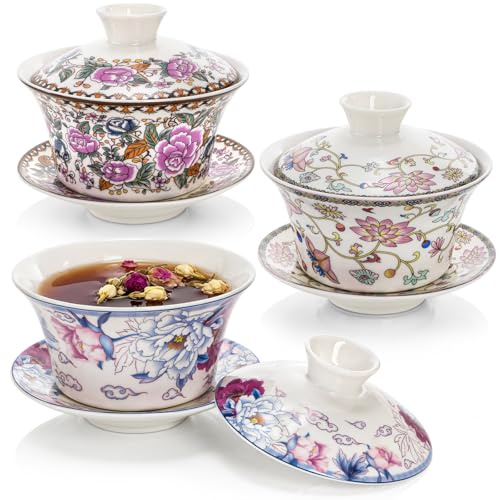 Cididu Set of 3 Gaiwan Chinese Tea Cup, 10 Oz Large Porcelain Tea Cup with Lid and Saucer, Traditional Handmade Kungfu Tea Bowl Set for Home Decor Kitchen Coffee, Flower Pattern