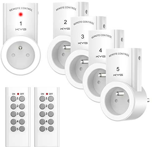KYG Lot de 5 Prise Télécommandée Programmable, KYG Prise Domotique Sans Fil, Fonction All ON All OFF, Deux Télécommandes et Quatre Piles Incluses