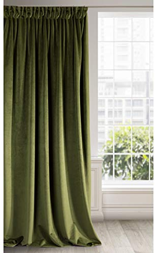 Eurofirany Soft Plain Opaque Velvet Curtain with Tape For Rail - 1 Unit, Thick Fluffy Panel Drape Classic Glamour Elegant Living Room Bedroom, W55'' x L106'', 140x270 cm, Olive Green