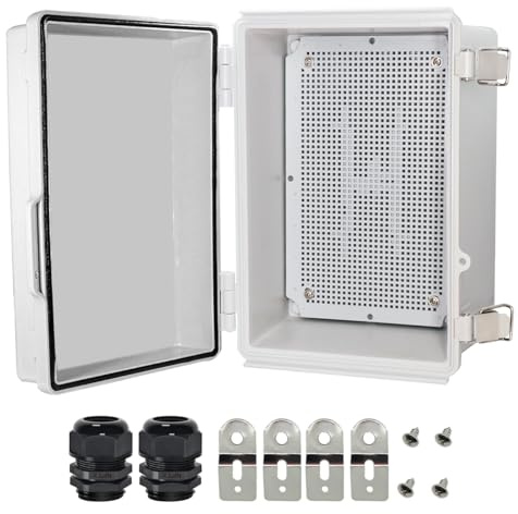 Zulkit Junction Box,IP67 Waterproof Electrical Box Hinged Cover Stainless Steel Latch Plastic Enclosure for Project w Mounting Plate Wall Bracket and 2 Cable Gland Grey 11x7.5x5.5/280x190x140mm
