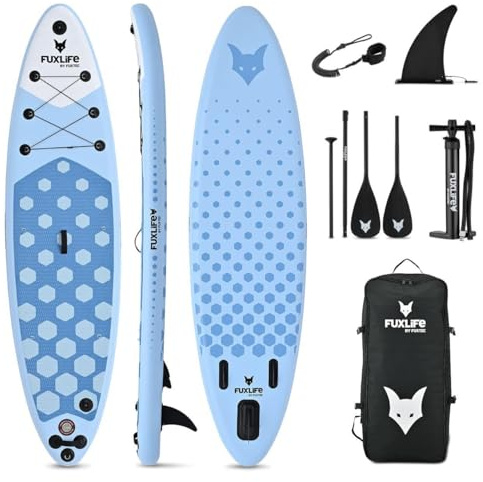 FUXLIFE SUP Board FX-SUP320D1 blau aufblasbar • Stand Up Paddle für Erwachsene • 320 x 81 x 15 cm • bis 150 kg belastbar • mit Pumpe, Tasche, Paddel und 3 Finnen im Set